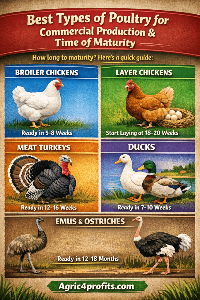 Meilleurs Types de Volailles pour la Production Commerciale et l'Heure de la Maturité
