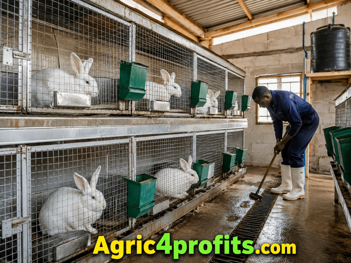 Man Cleaning Rabbit House Principles of Housing and Sanitation for Rabbits - Agric4Profits