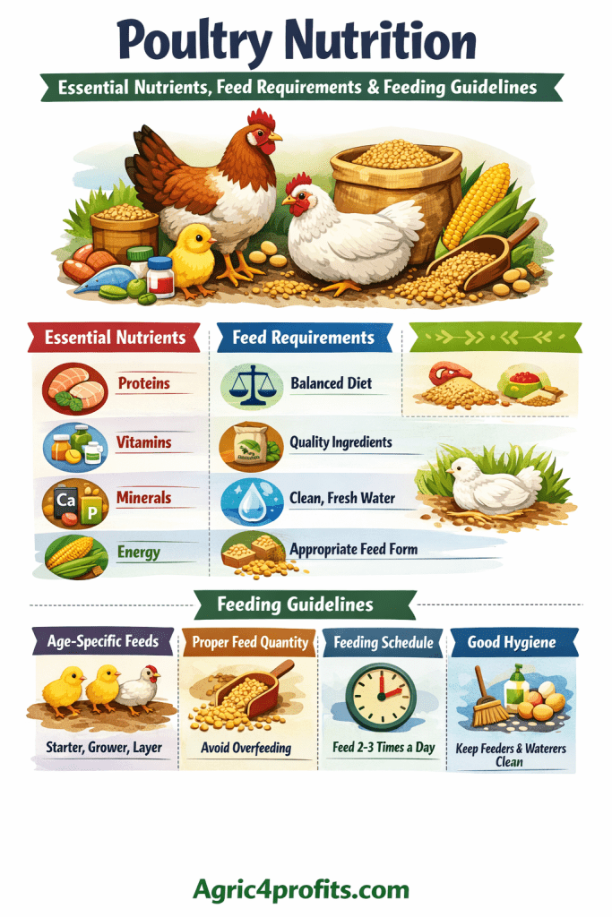 Poultry Nutrition: Essential Nutrients, Feed Requirements, and Feeding Guidelines