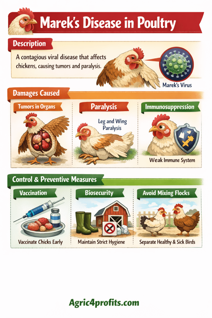 MarekMaladie chez les volailles: Description, Dommages Causés, de Contrôle et Mesures Préventives